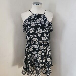 Moon River Floral Print Ruffle Mini Dress Sleeveless Blue White Small
